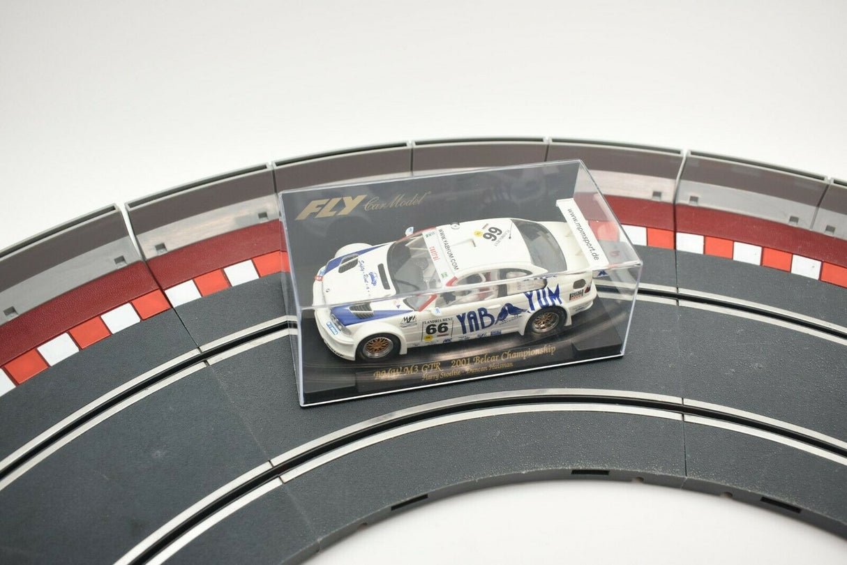 Slot car BMW M3 GTR race car in clear plastic display case for Fly Car 88013