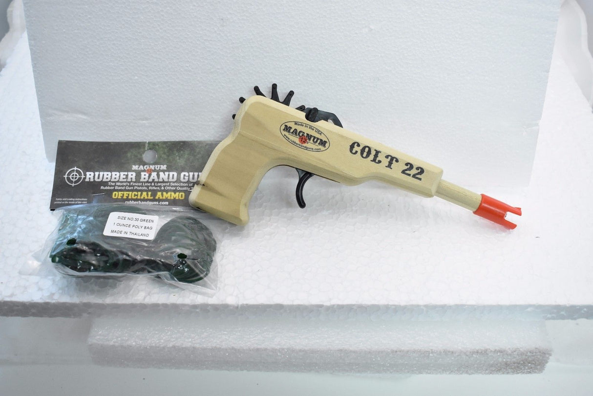 Colt 22 rubber band gun with green ammo in a box for Magnum Rubber Band Guns GL2C22