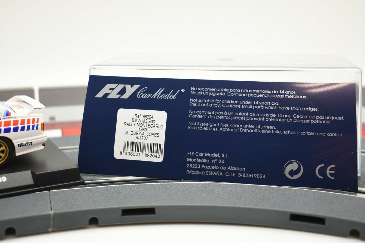 Toy car box showing BMW M3 E30 Rally Montecarlo model details for Fly Car 88204