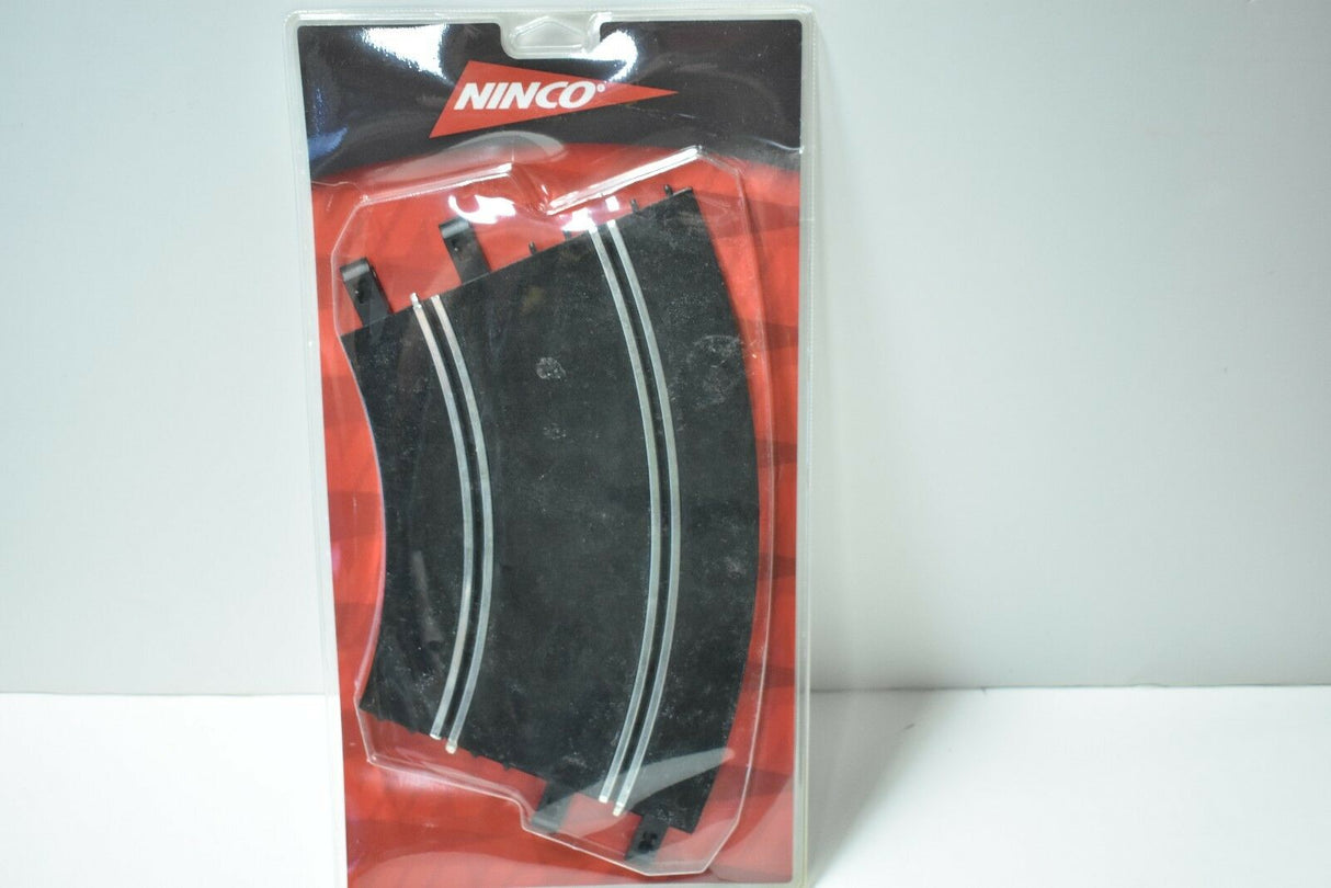 Two black curved train track pieces packaged together for Ninco 10105