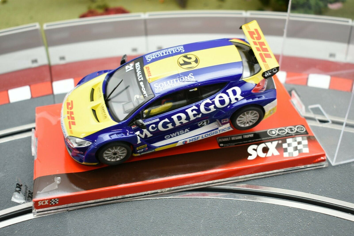 Yellow and blue race car model on a track base for SCX A10151X3U0