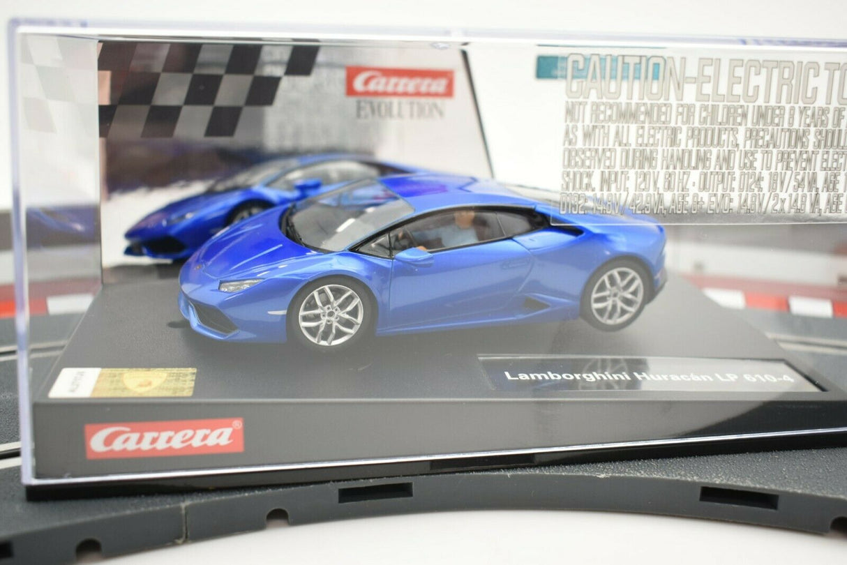 Blue Lamborghini Huracán toy car on display base for Carrera 27514