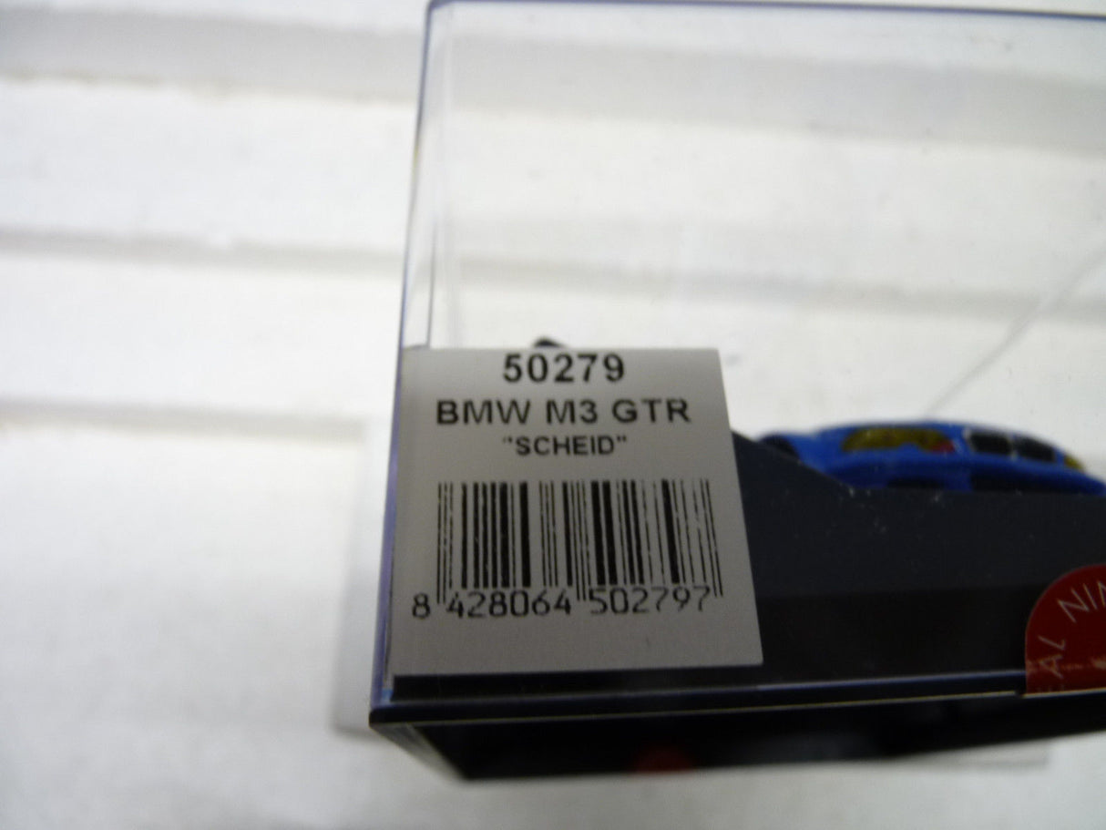 Box label showing "BMW M3 GTR 'SCHEID'" model number 50279 for Ninco