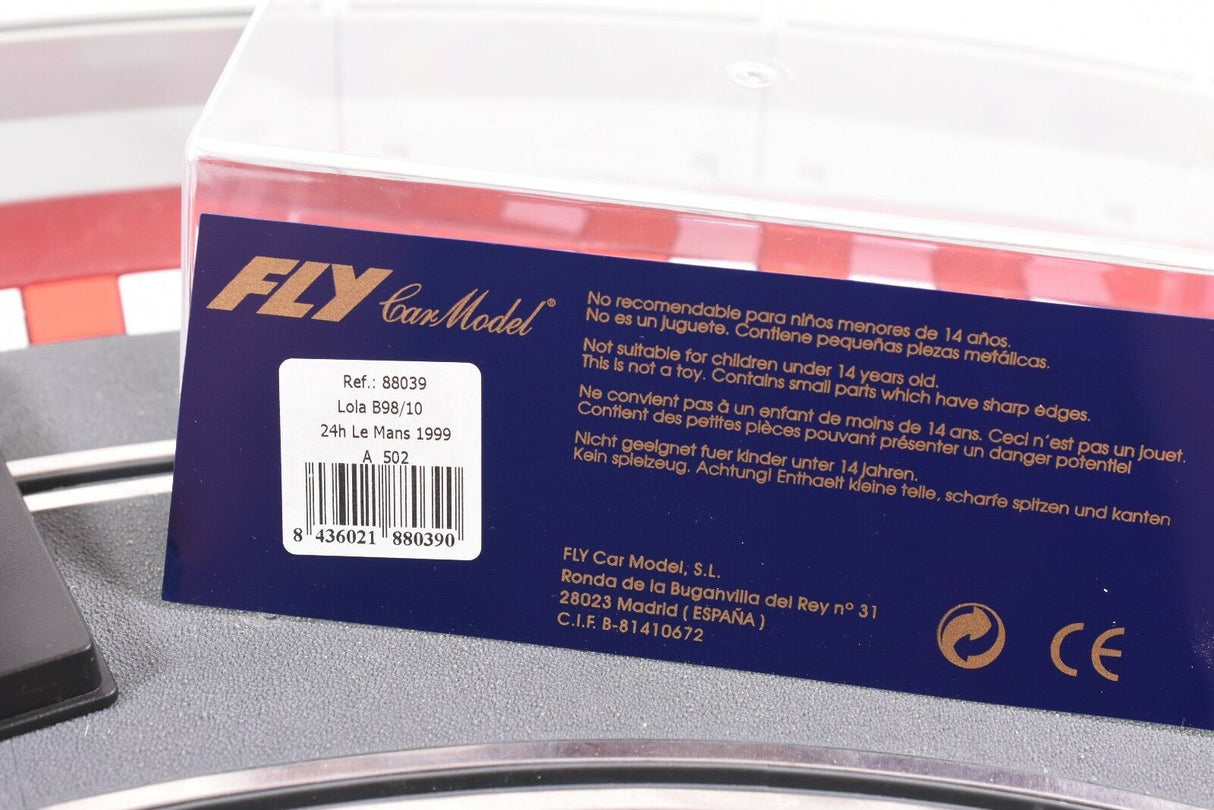 Product packaging with safety warnings and model details for a car toy for Fly Car 88039