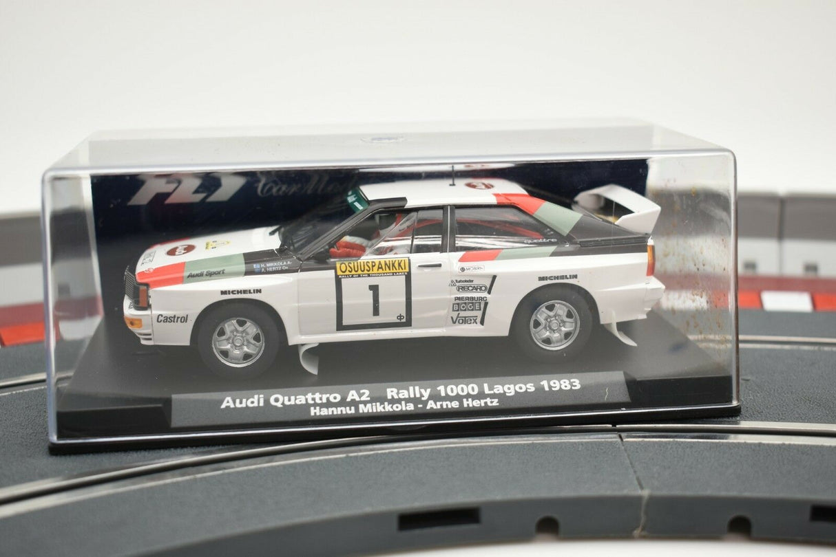 Slot car of an Audi Quattro A2 rally car from 1983 for Fly Car 88226