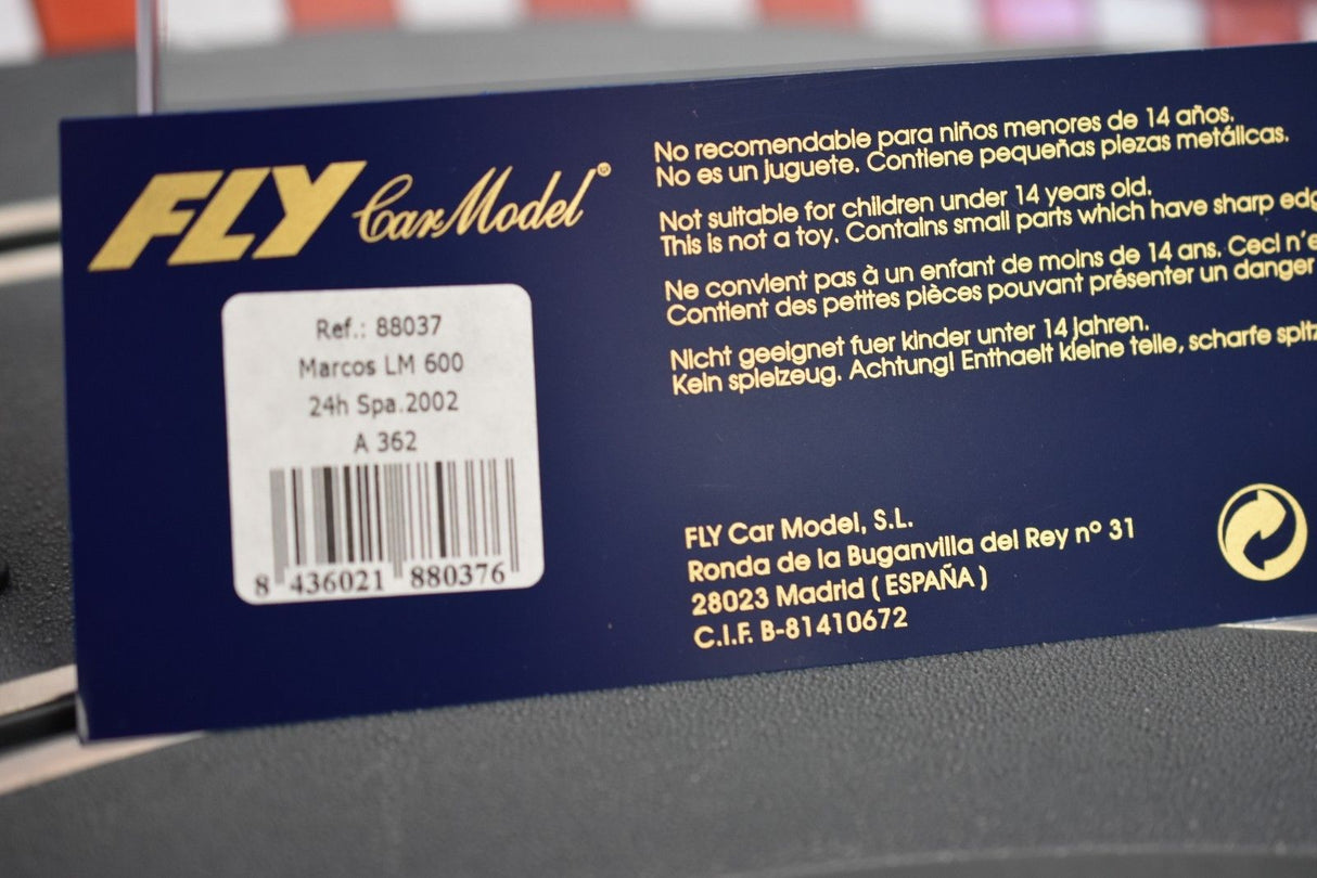 Product label showing model details for Marcos LM 600, 24h, Spa 2002 for Fly Car 88037
