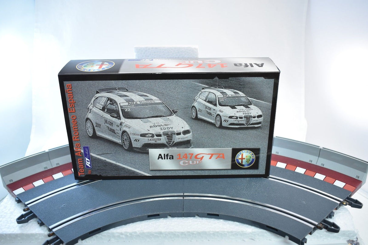 Slot car box featuring Alfa 147 GTA Cup race cars for Fly Car 96042