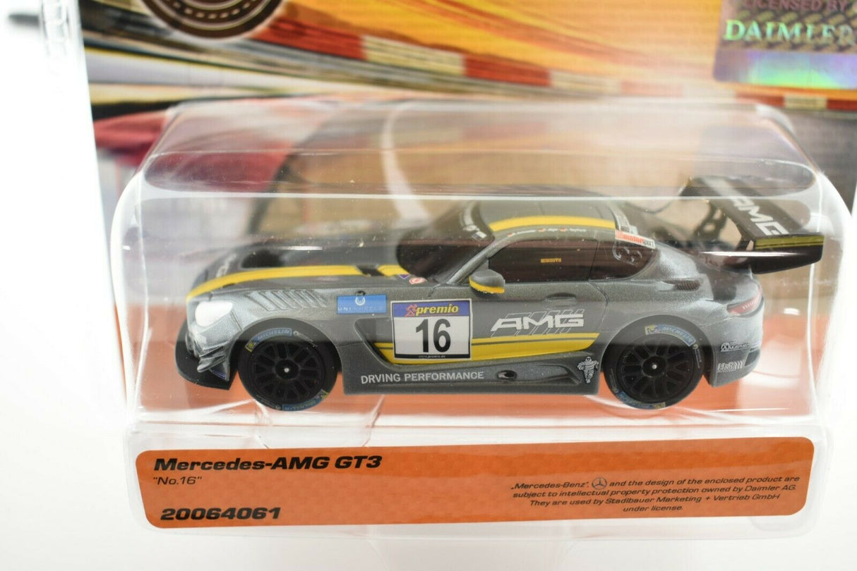 Slot car of a Mercedes-AMG GT3 race car in a clear plastic case for Carrera Go 20064061