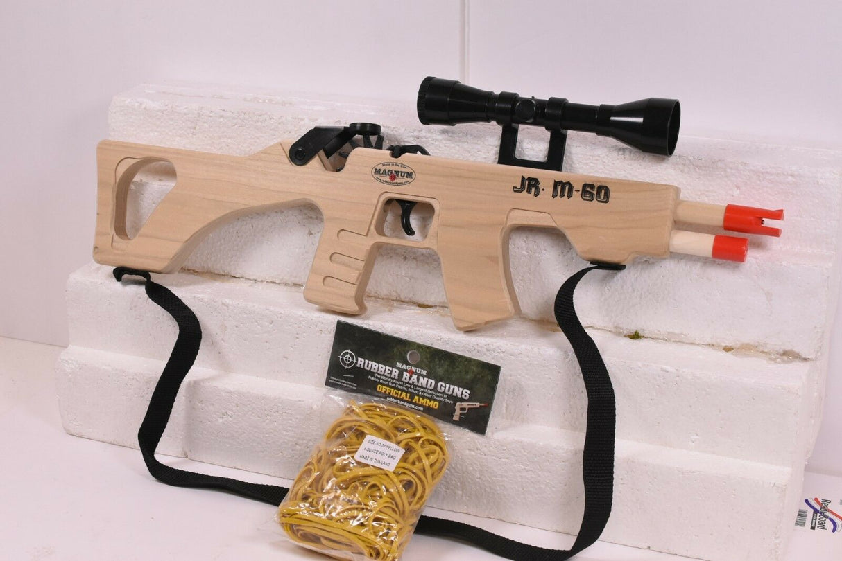 Wooden replica rifle with scope, sling, and yellow rubber ammo for Magnum Rubber Band Guns GL2JRM60SS