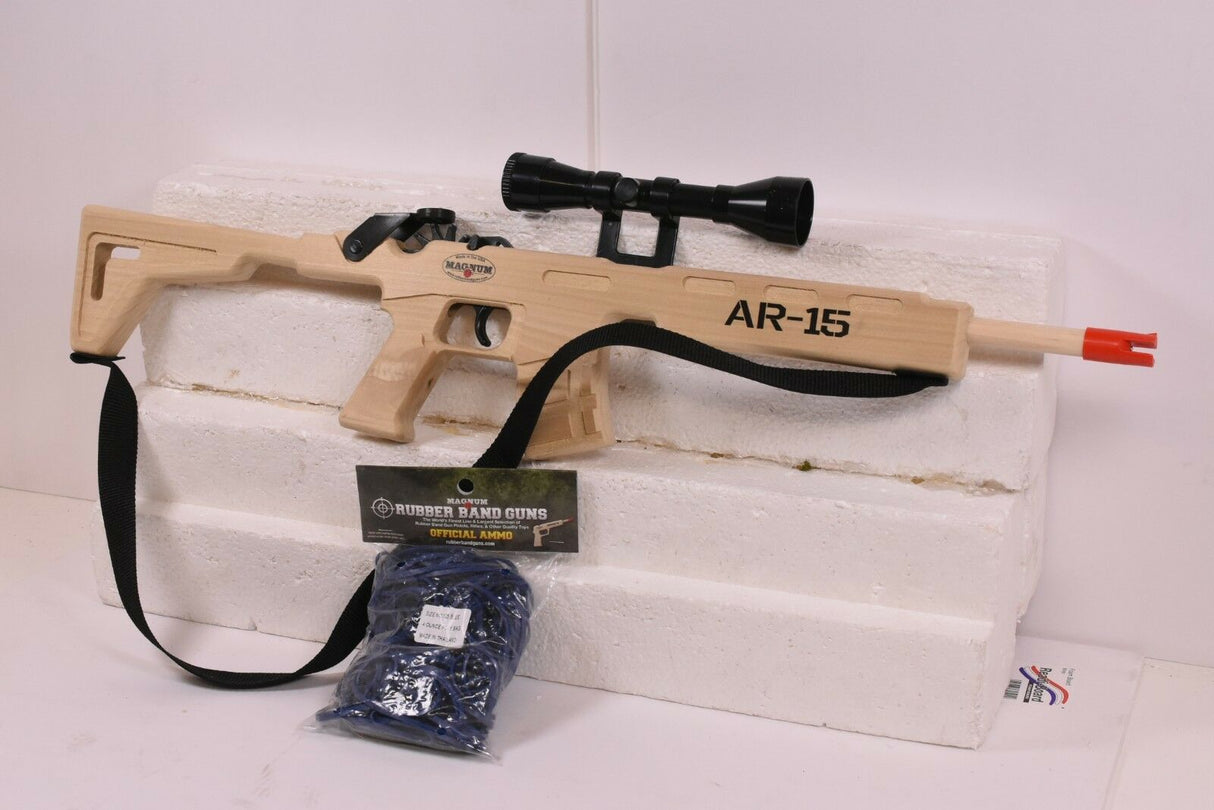 Wooden AR-15 replica with scope, sling, and blue rubber band ammo for Magnum Rubber Band Guns GL2AR15SS