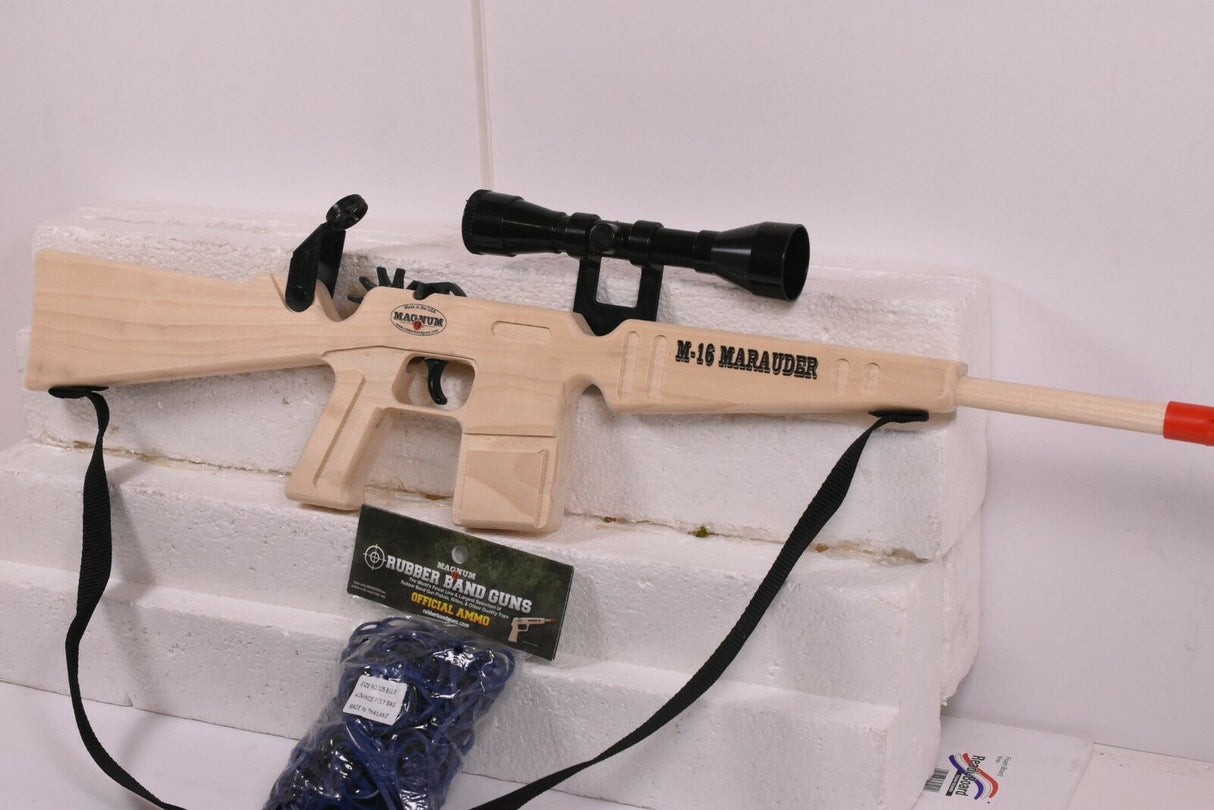 Tan M-16 rifle with scope, sling, and blue rubber band ammo for Magnum Rubber Band Guns GL2M16MSS