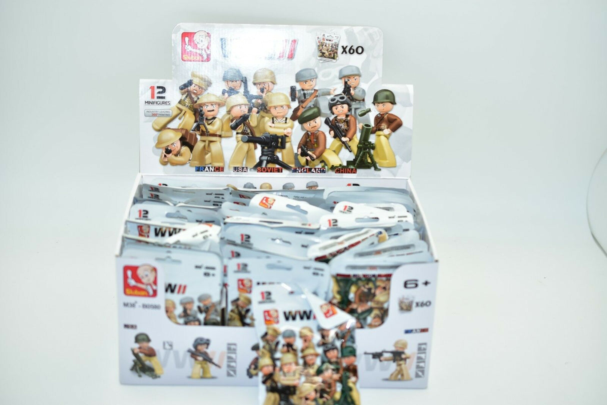 Assortment of WWII minifigures in blister card packaging for Sluban M38-B0580