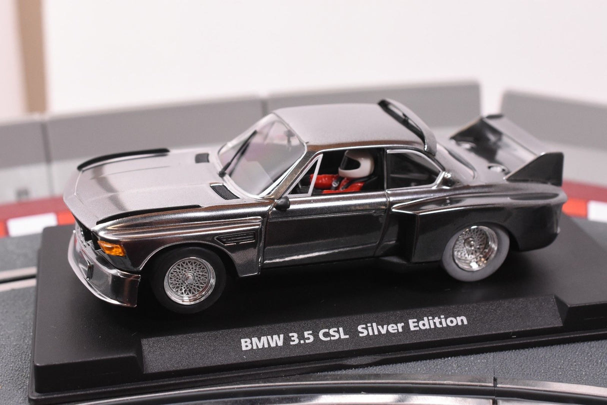 Silver slot car of a classic BMW 3.5 CSL for Fly Car 88124, front view
