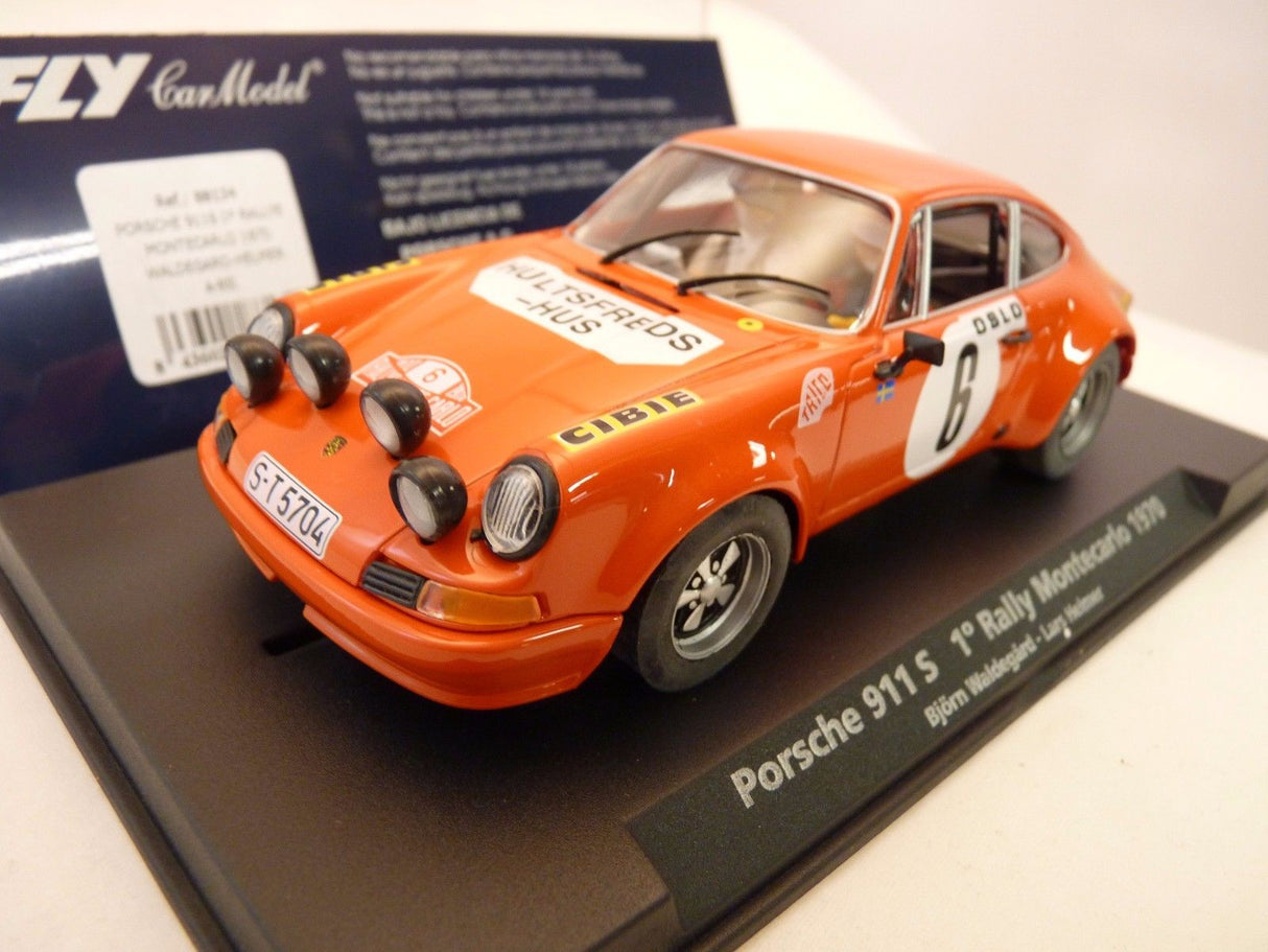 Orange slot car of a 1970 Porsche 911S rally car for Fly Car 88134, rear view