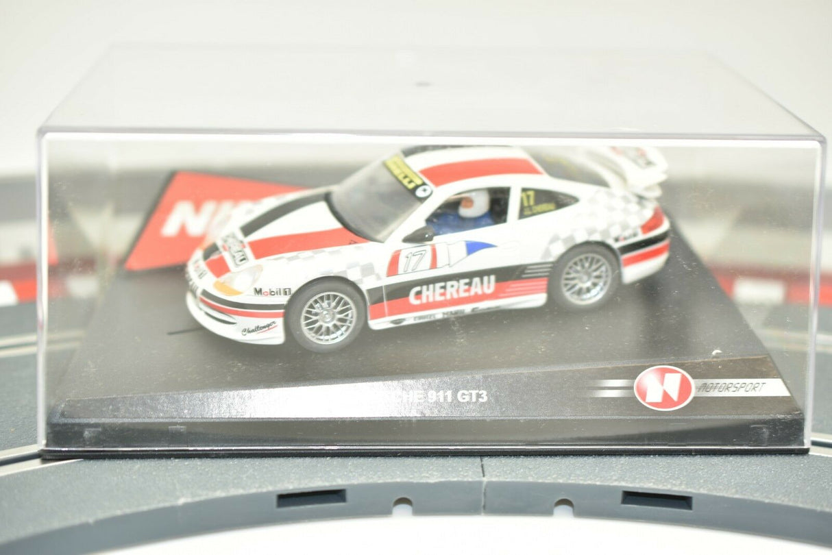 Slot car of a white Porsche 911 GT3 race car for Ninco 50227