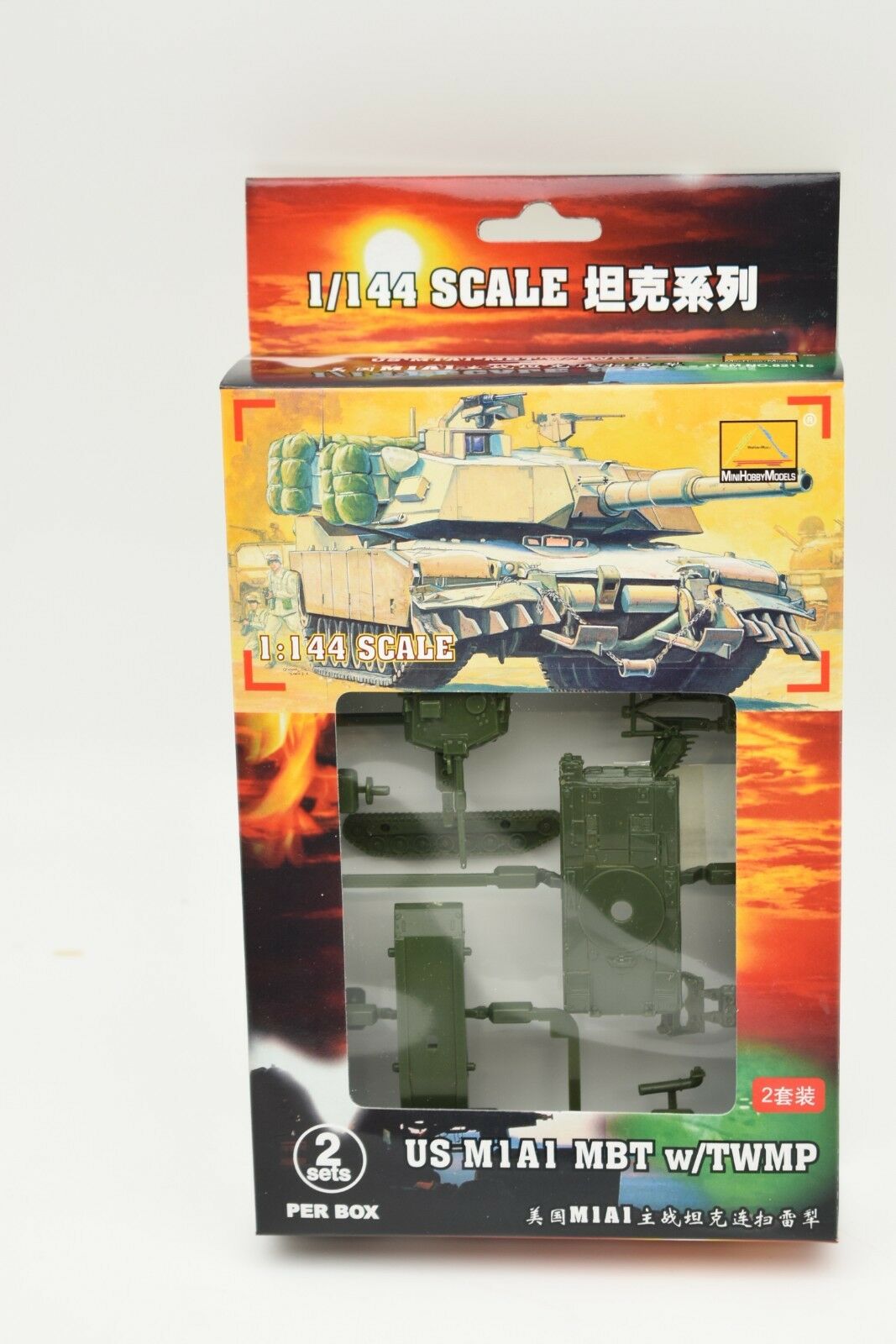 Model kit box art for 1/144 scale M1A1 Abrams tank with TOW missile launcher for MiniHobby 82115