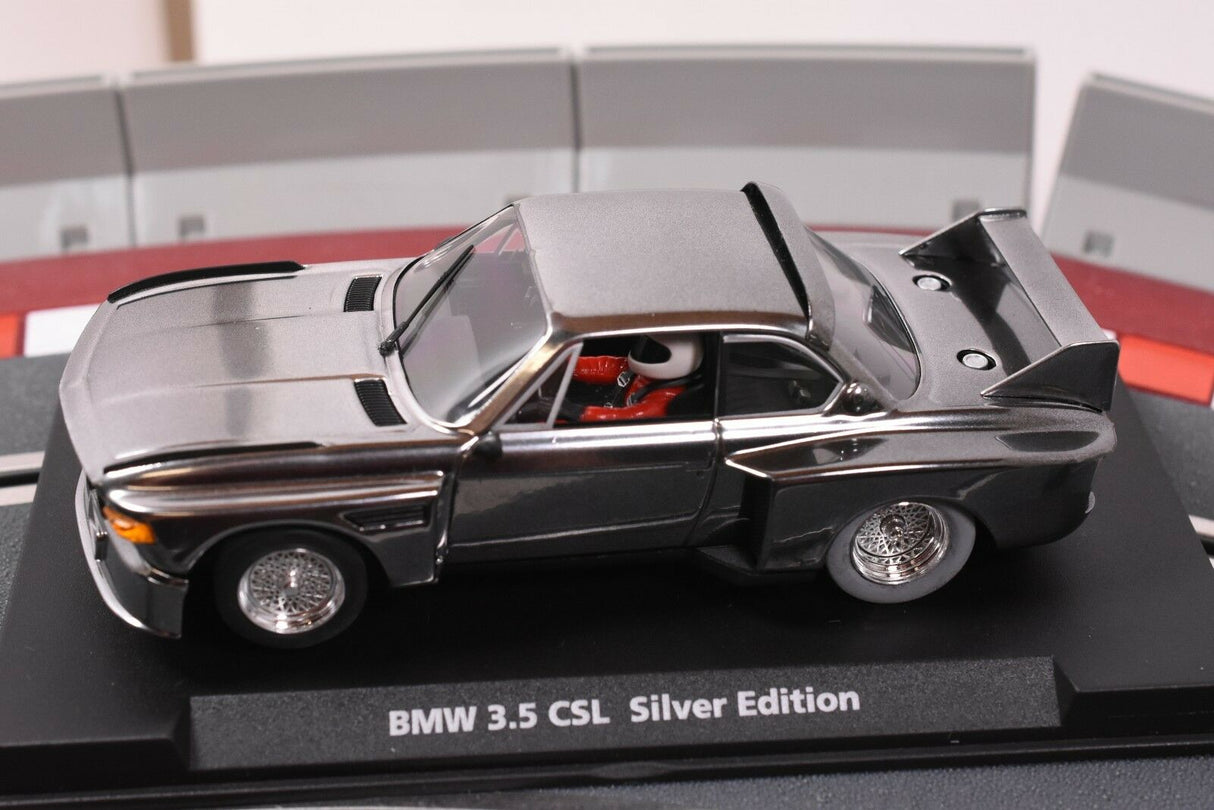 Silver slot car of a classic BMW 3.5 CSL for Fly Car 88124, rear view