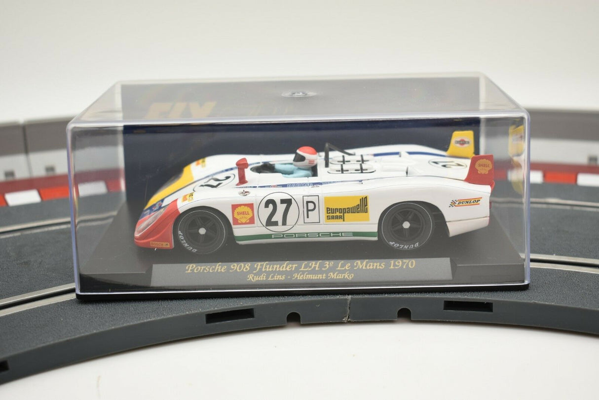White race car model, Porsche 908, from the 1970 Le Mans race for Fly Car C49