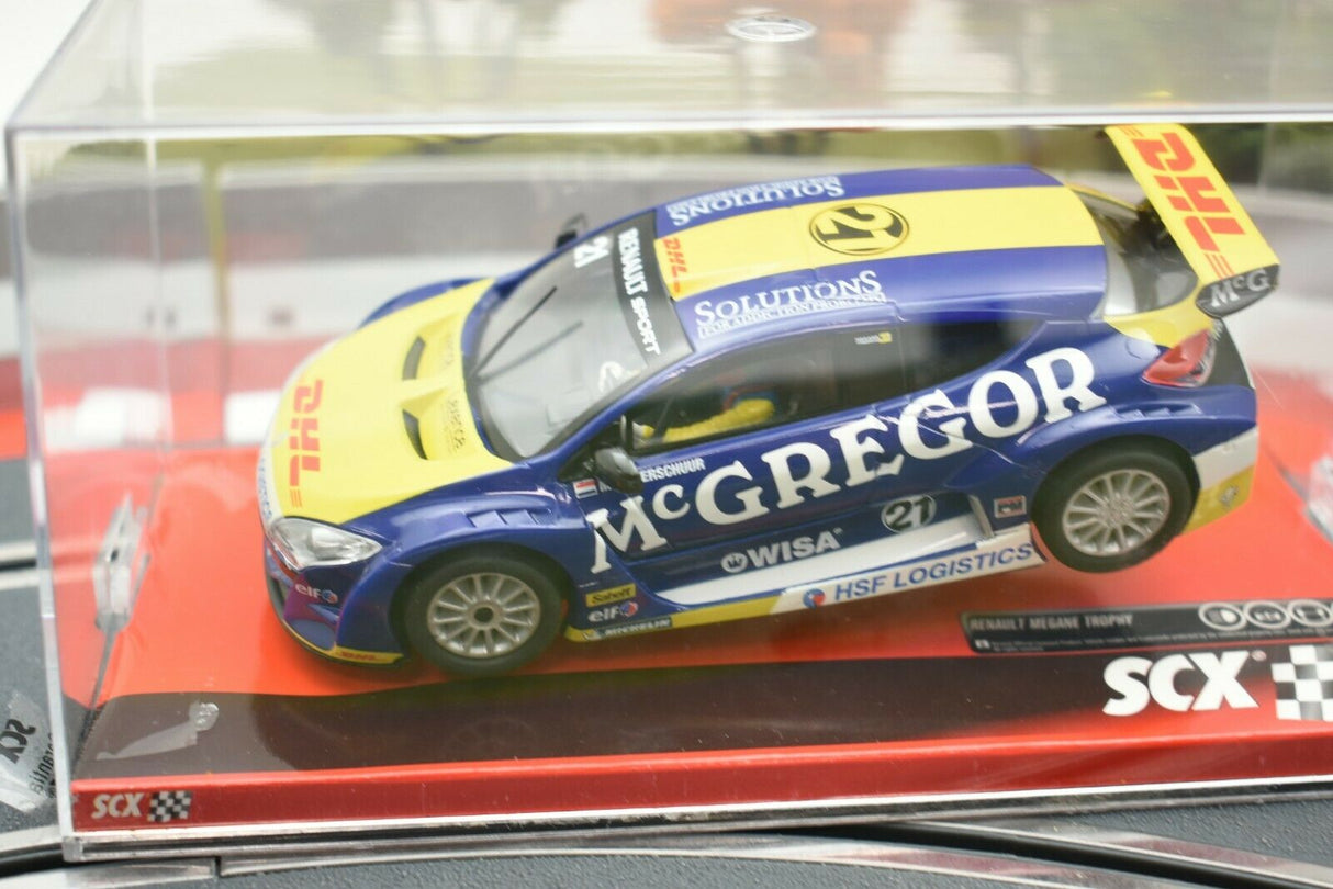 Blue and yellow Renault Megane Trophy race car model for SCX A10151X3U0