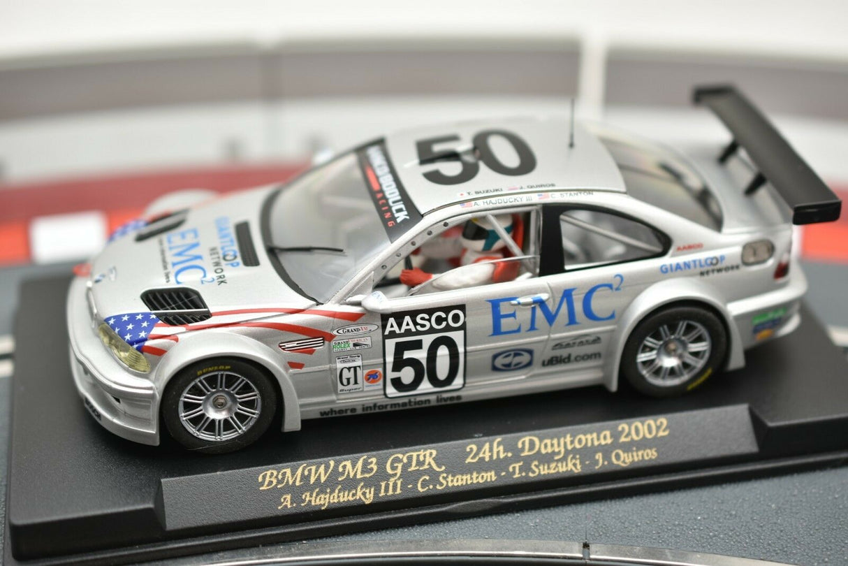 Slot car of a 2002 BMW M3 GTR race car for Fly Car 88009, front view