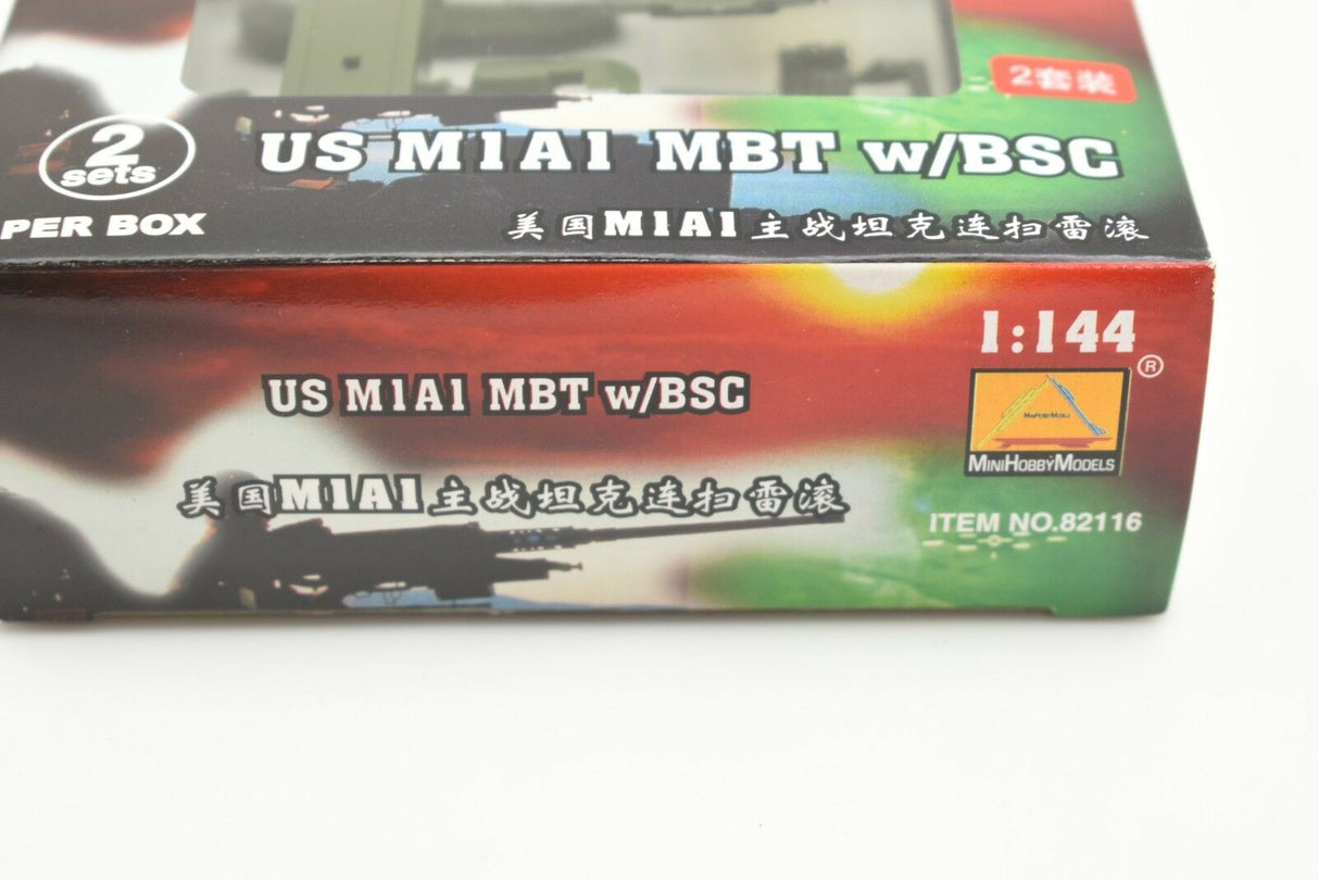 Model kit box art for US M1A1 MBT w/ BSC, scale 1:144 for MiniHobby 82116