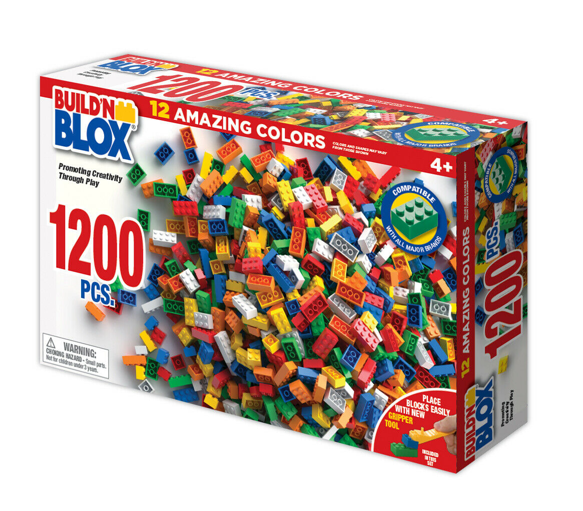 Assortment of 1200 colorful building blocks in a white and red box for Bond Street Innovations 17098