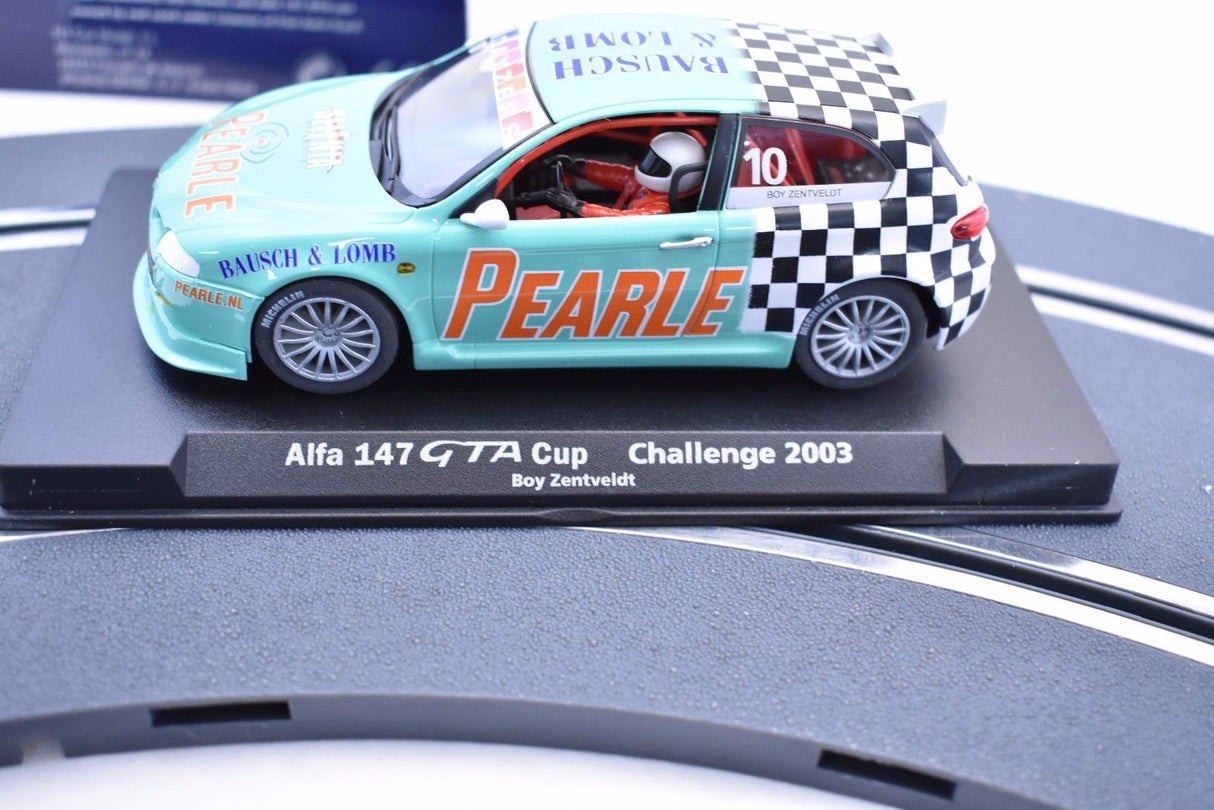 Slot car of a teal Alfa 147 GTA Cup car from 2003 for Fly Car 88112