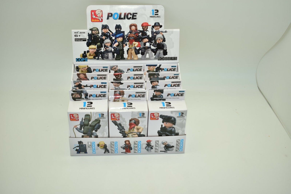 Police and robber minifigures set, complete box of 12 figures for Sluban M38-B0586