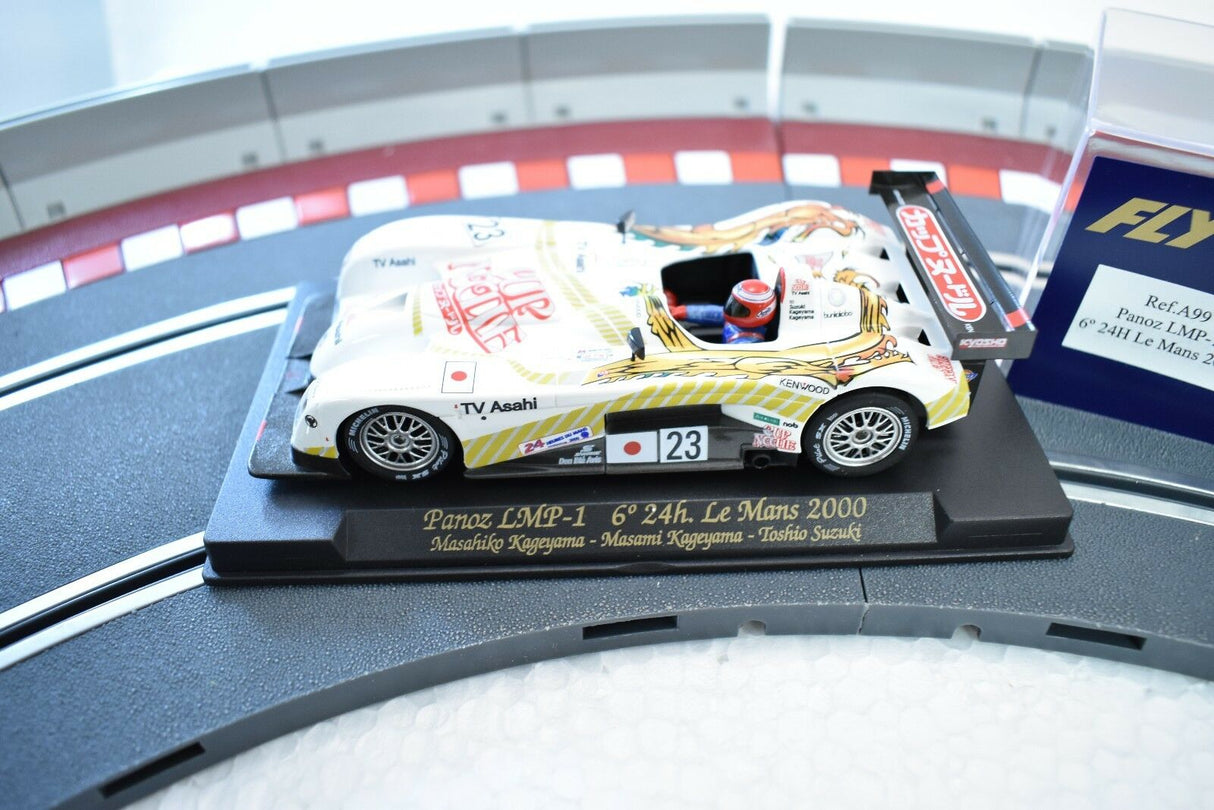White race car model on a track base, representing the Panoz LMP-1 for Fly Car A99