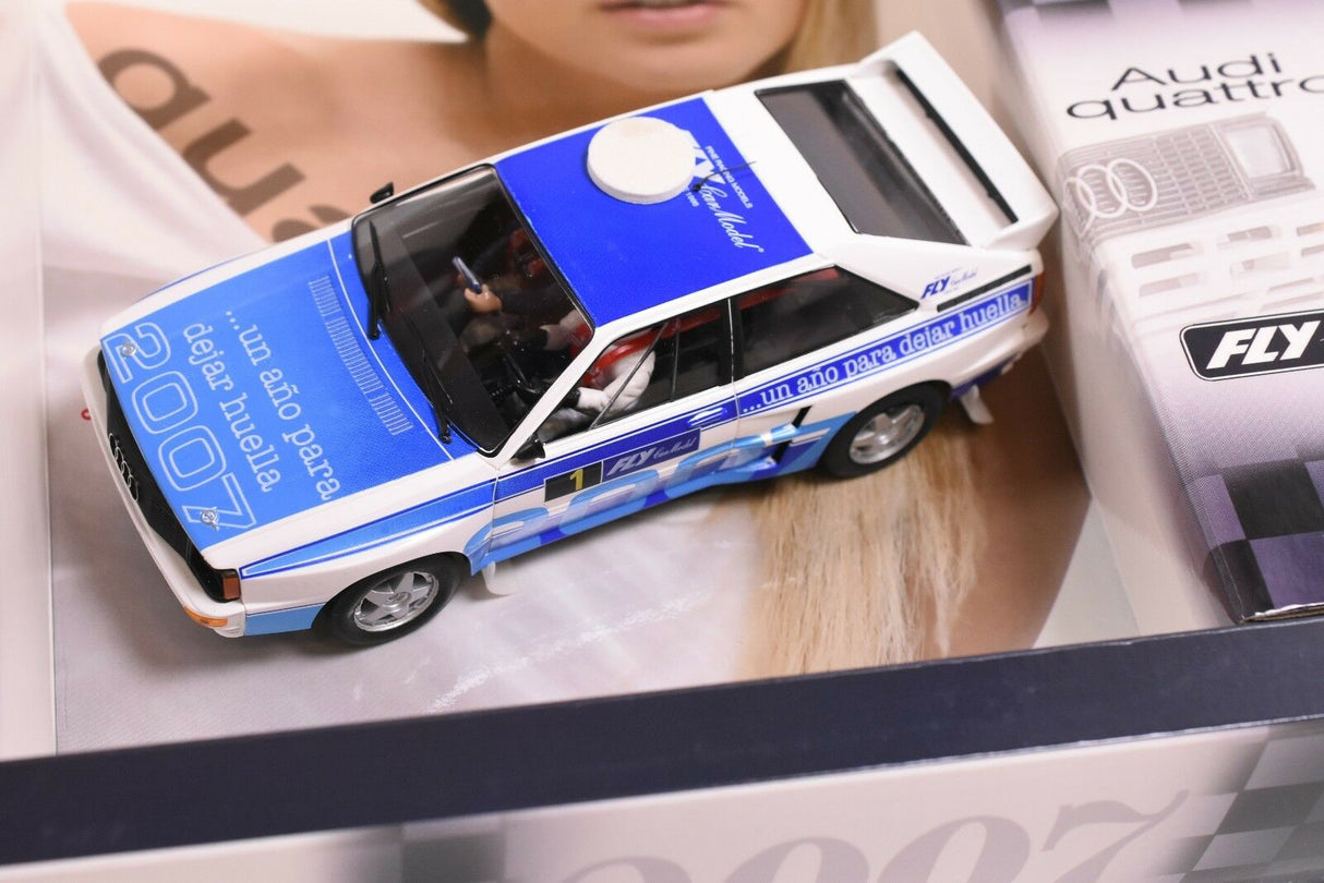 Blue and white slot car, resembling an Audi Quattro for Fly Car 99016