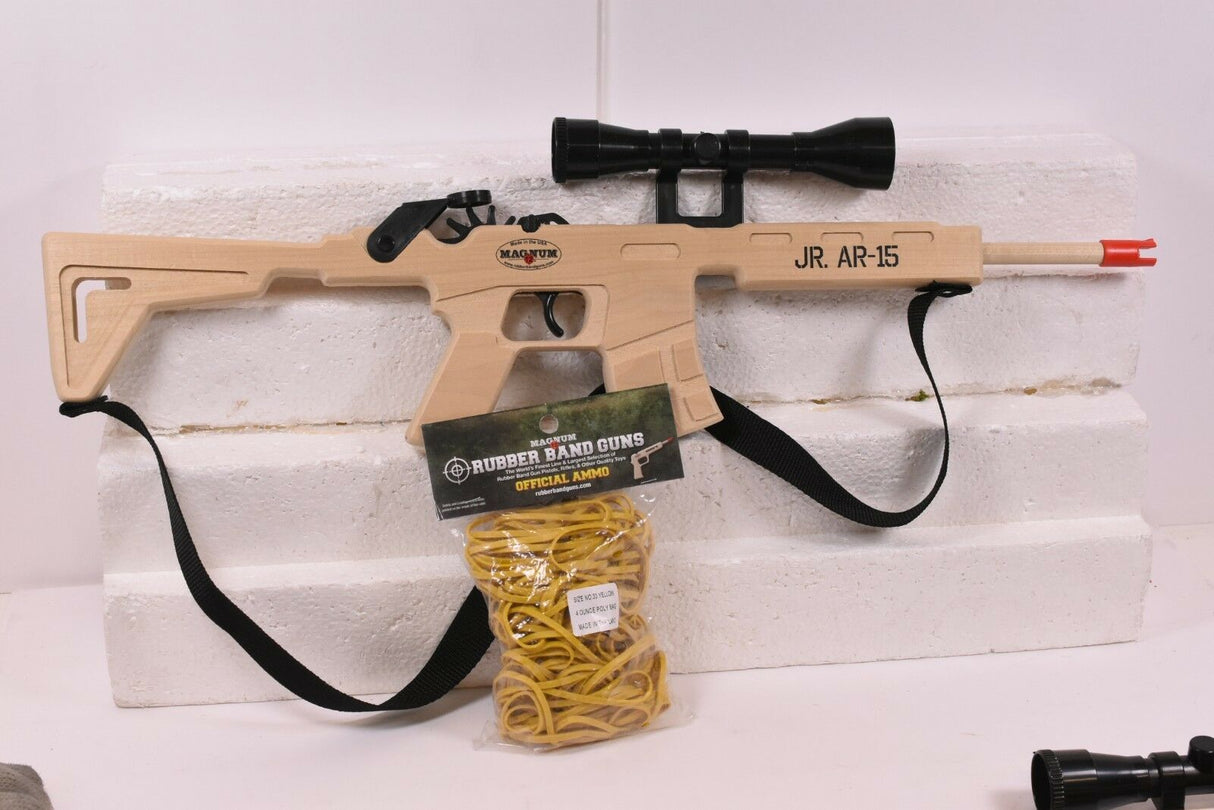 Rubber band rifle with scope, sling, and yellow ammo bundle for Magnum Rubber Band Guns GL2JRAR15SS