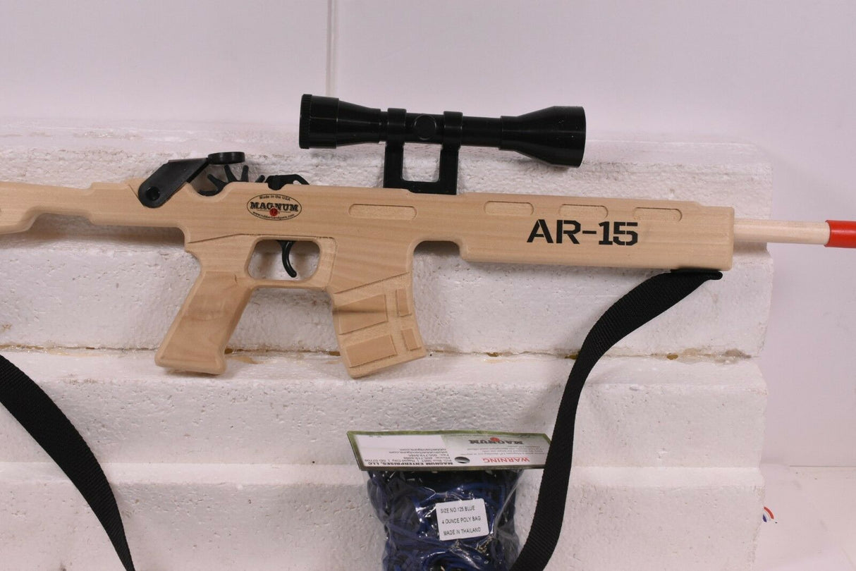 Wooden AR-15 replica with scope, sling, and blue ammo bag for Magnum Rubber Band Guns GL2AR15SS