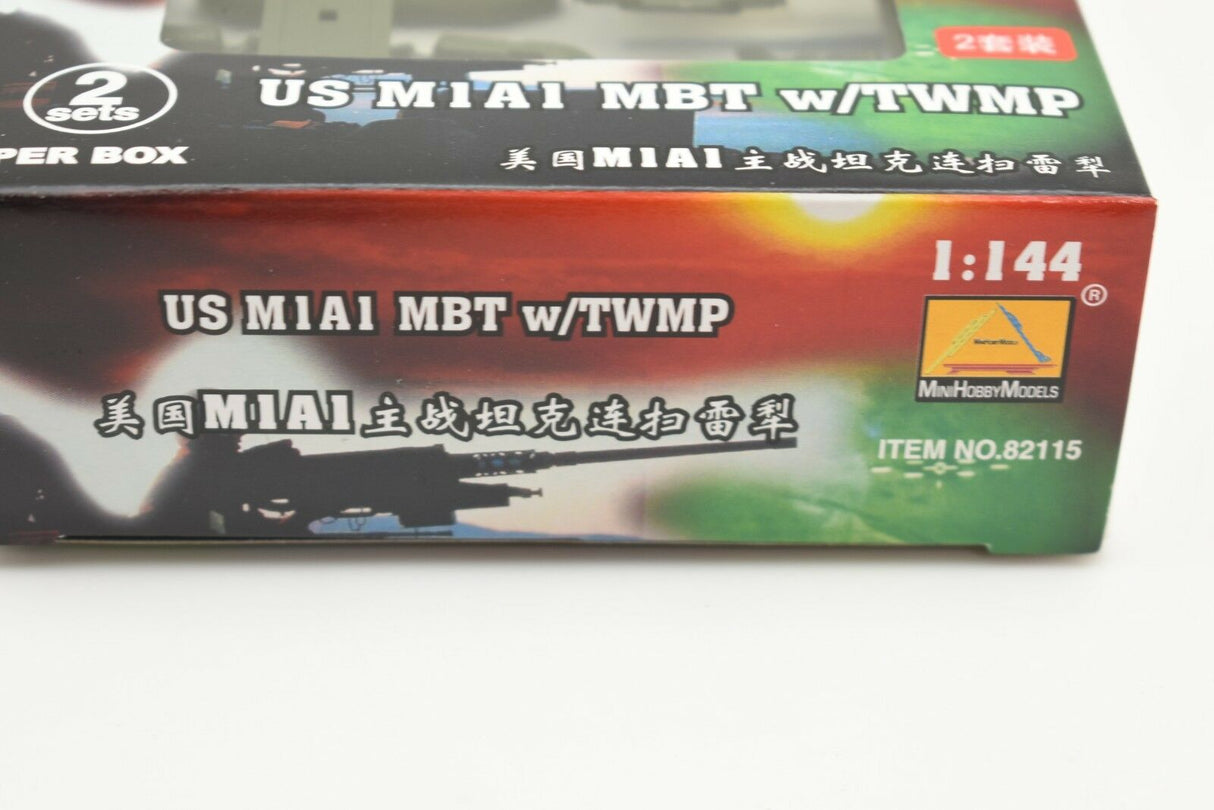 Model kit box art for US M1A1 MBT w/ TWMP, scale 1:144 for MiniHobby 82115