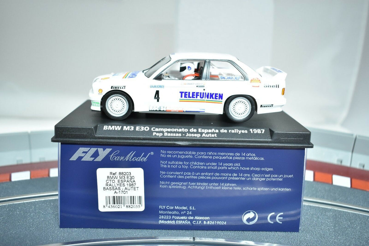 Slot car of a 1987 BMW M3 E30 rally car for Fly Car 88203