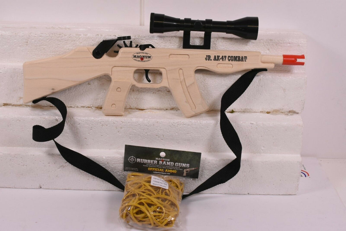 Toy rifle with scope, sling, and yellow rubber band ammo for Magnum Rubber Band Guns GL2JRAK47CSS
