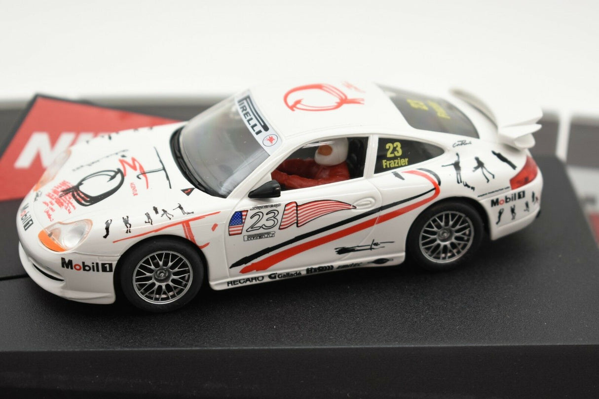 White Porsche 911 GT3 race car model with red and black accents for Ninco 50210