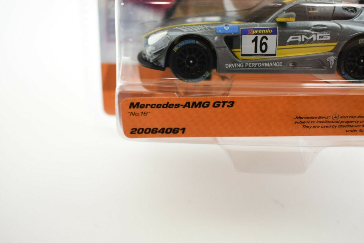 Slot car of a Mercedes-AMG GT3 race car, number 16 for Carrera Go 20064061, front view