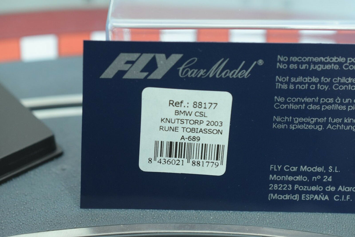 Product label for BMW CSL Knutstorp 2003 model car for Fly Car 88177