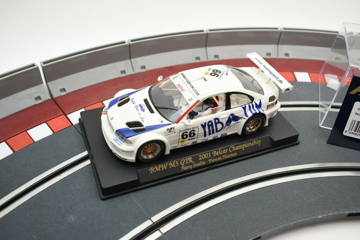 Scale model of a white BMW M3 GTR race car on a track for Fly Car 88013
