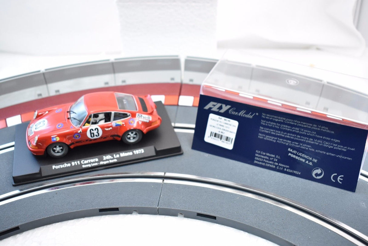 Red slot car of a 1973 Porsche 911 Carrera race car for Fly Car 88140, front view