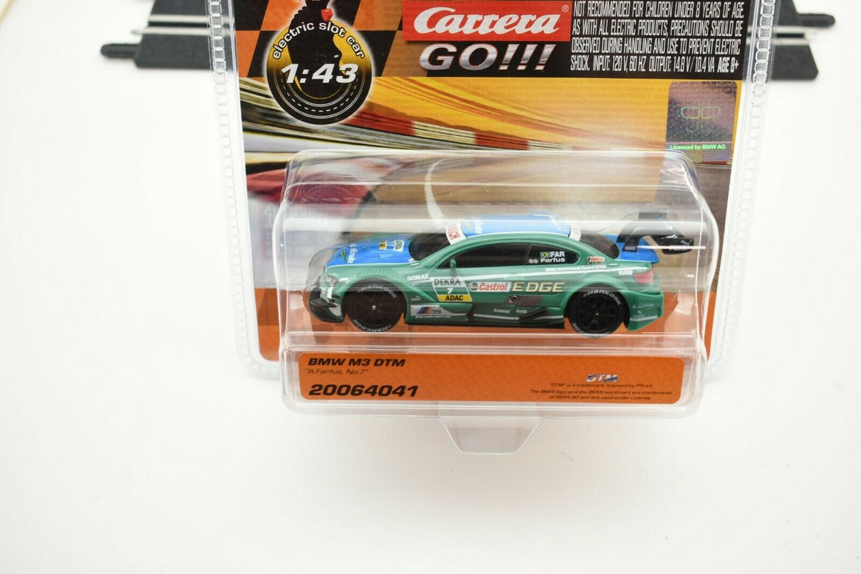 Slot car of a BMW M3 DTM race car, green and blue for Carrera Go 20064041