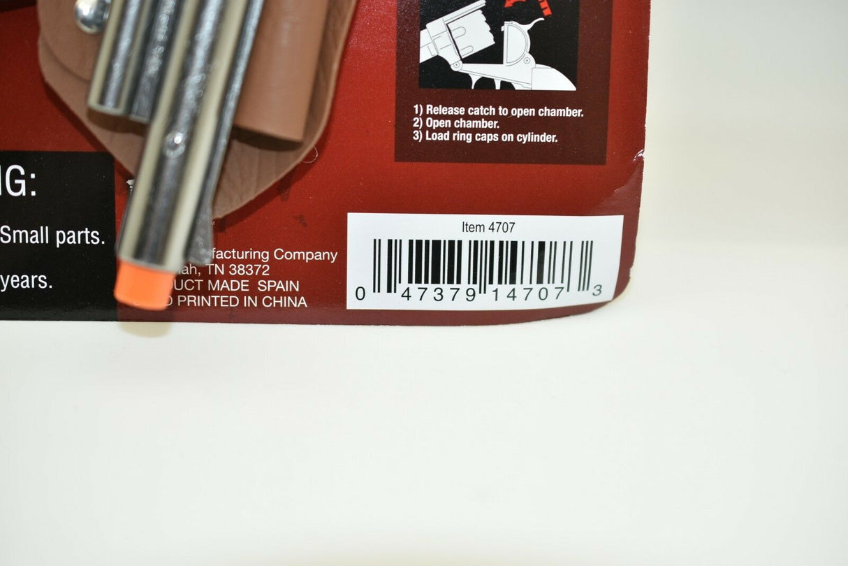 Instructions for loading a toy pistol: release catch, open chamber, load ring for Parris Toys 4707C