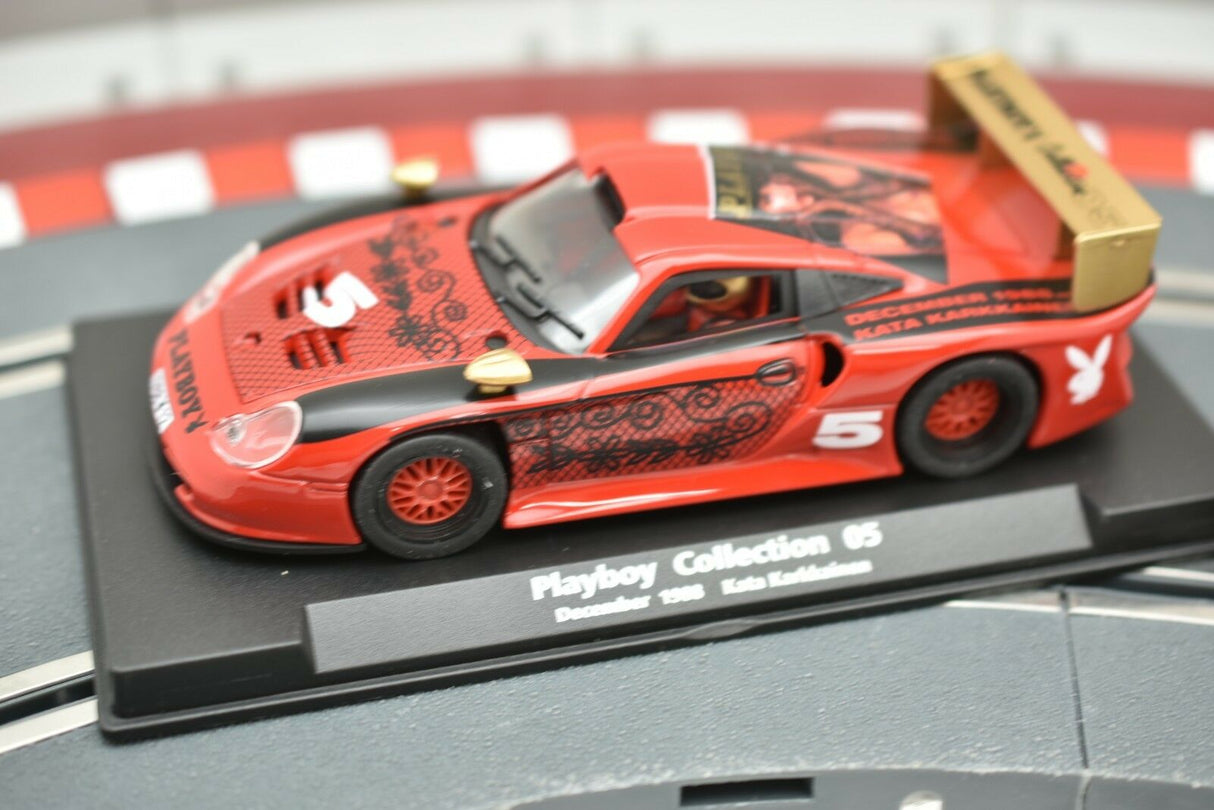 Red slot car model on a display base, Playboy Collection 05 for Fly Car 99049