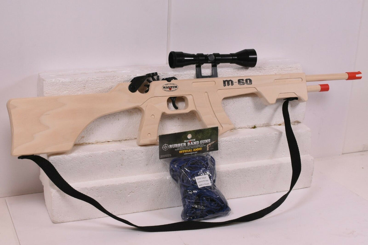 M-60 rubber band rifle with scope, sling, and ammo for Magnum Rubber Band Guns GL2M60SS