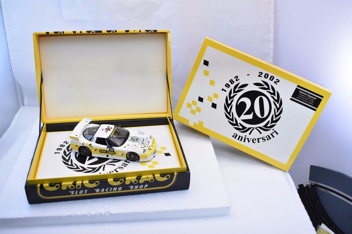 Corvette model in open box with 20th anniversary commemorative card for Fly Car E123