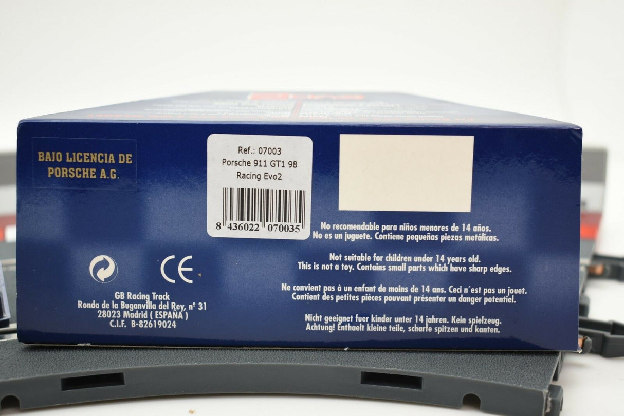 Porsche 911 GT1 98 Racing EVO2 toy box with safety warnings for Fly Car 07003