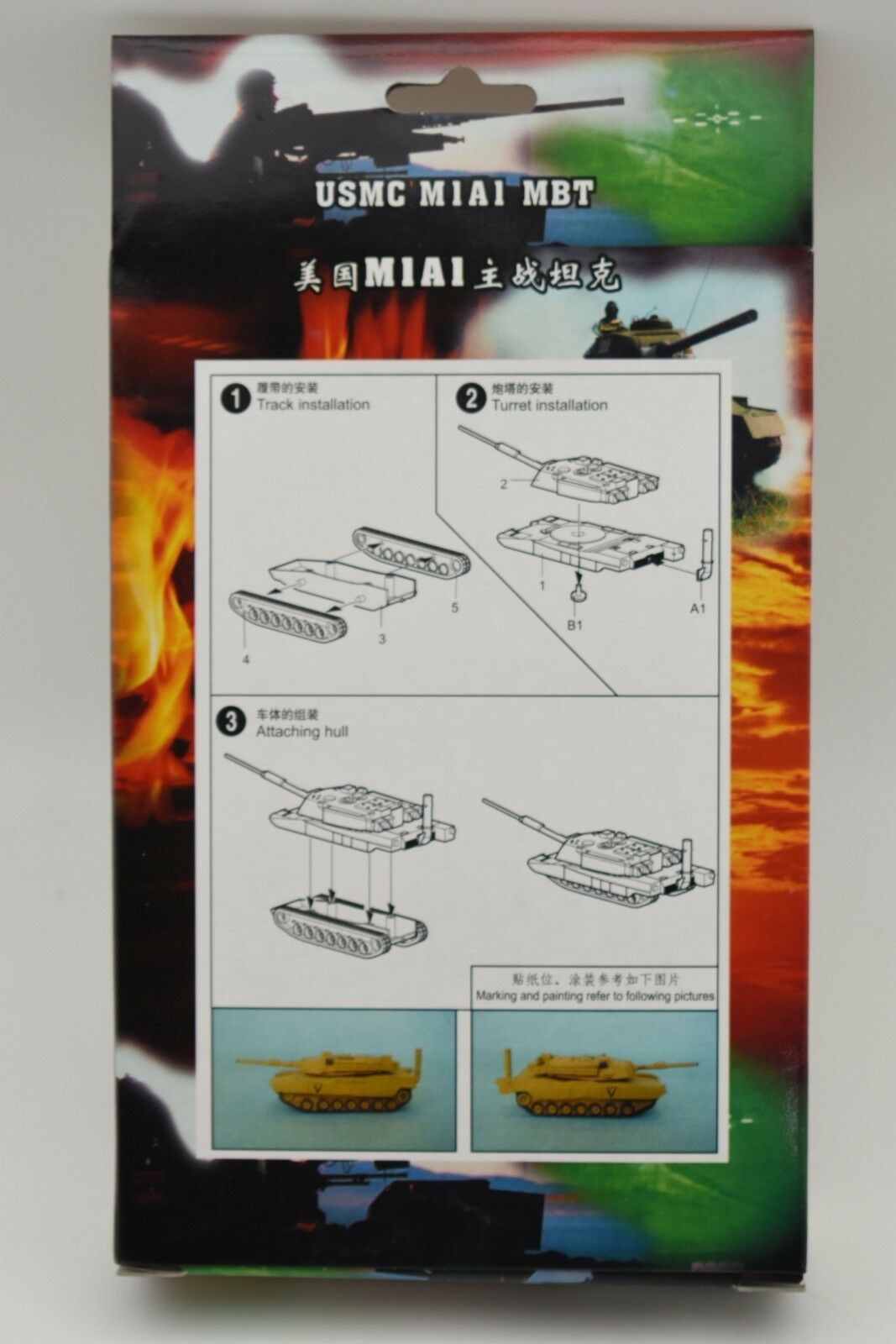 Assembly guide for USMC M1A1 tank model kit, showing steps for tracks, turret, and hull for MiniHobby 82111