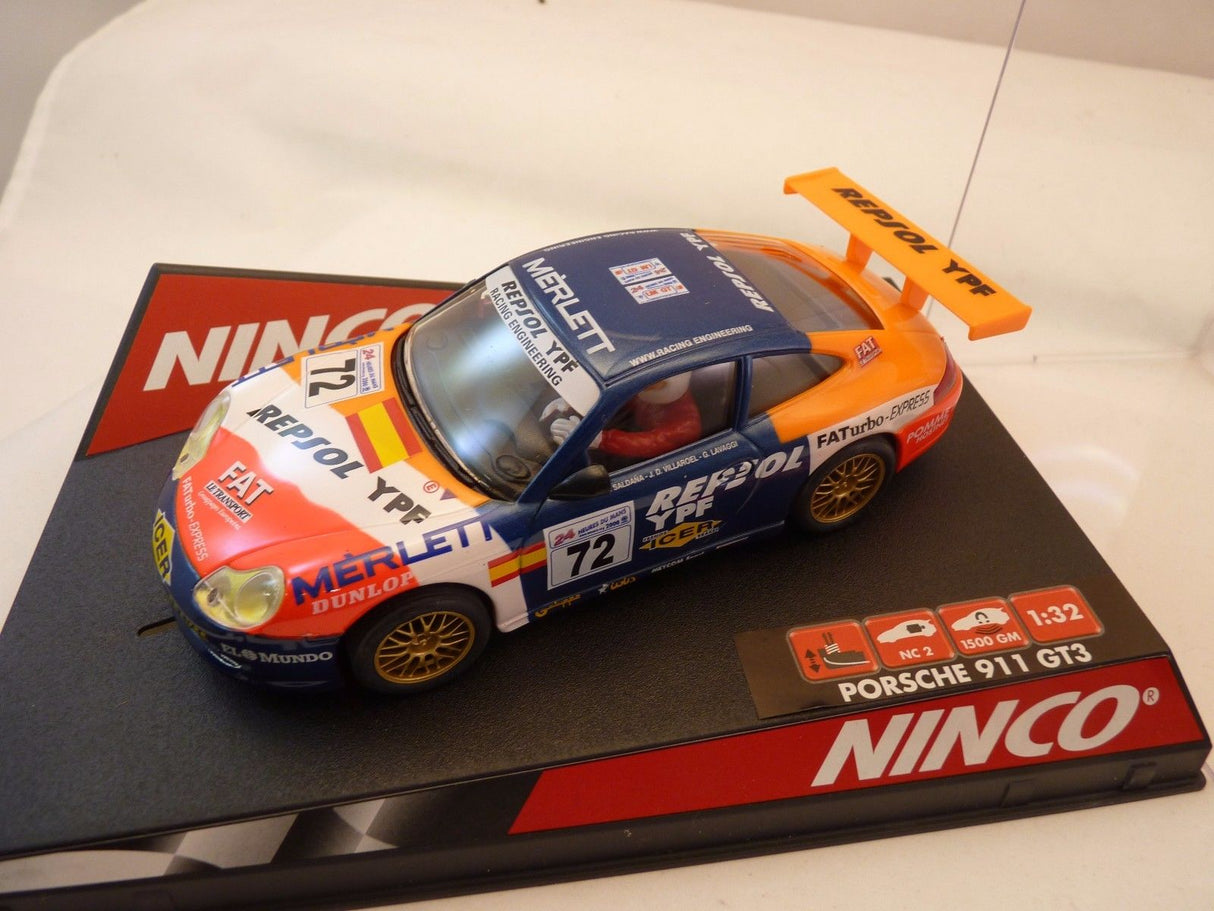 Slot car of a Porsche 911 GT3 R race car for Ninco 50240