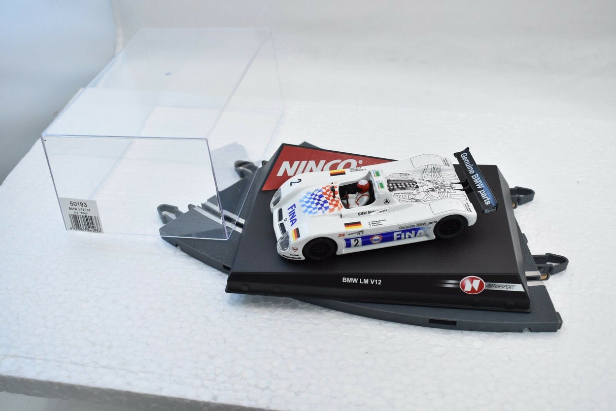 Slot car of a BMW V12 LM race car with display case for Ninco 50193
