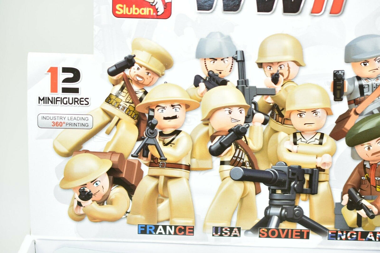 WWII minifigures: France, USA, Soviet, and England soldiers in various poses for Sluban M38-B0580